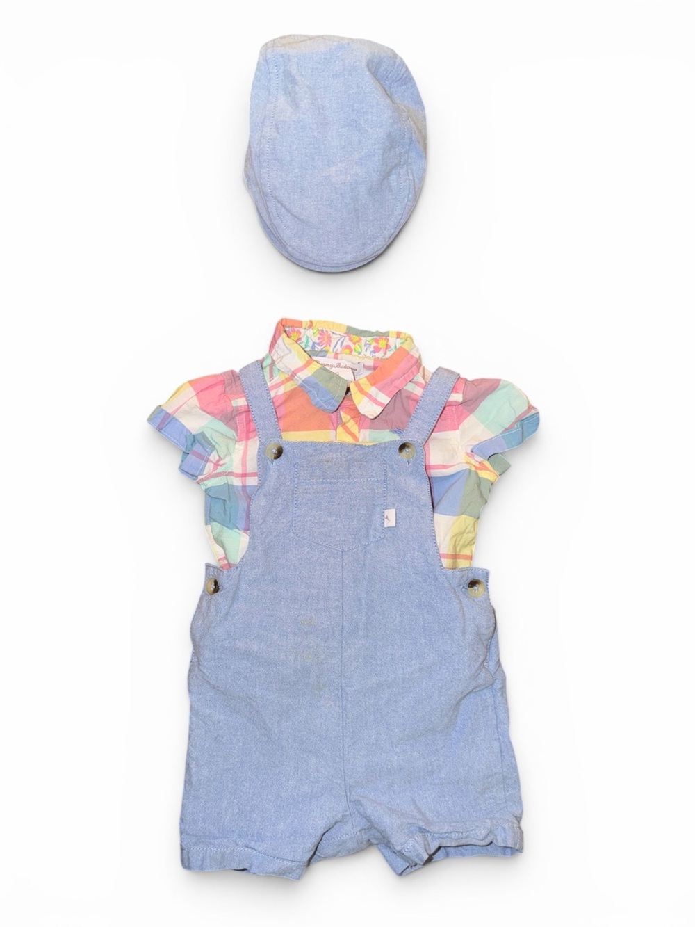 Babies’—Tommy Bahama Little Boys Plaid Onesie, Overalls, & Cap. Size 12 Months.